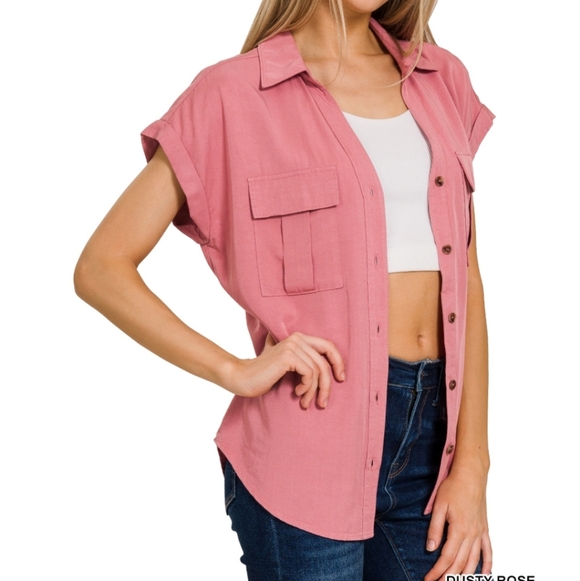 New Zenana Dusty Rose Button Down Top - Picture 2 of 2